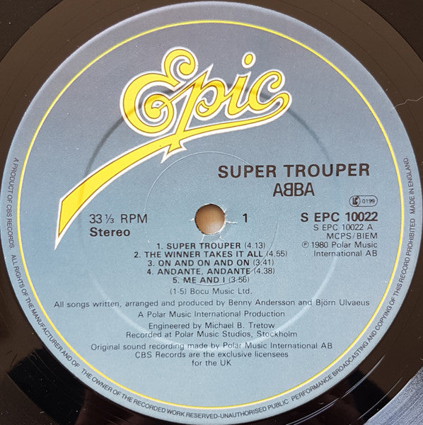 Image of Label Cover of LP - VG/VG - ABBA, Super Trouper (Epic Light Blue / Yellow Logo; EPC 10022, UK 1980, Inner, No Asterix on A or B Side Labels), , - 4426048E