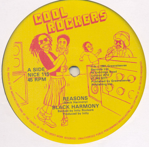 Image of Front Cover of 12" - VG/VG+ - BLACK HARMONY, Reasons / Our Feelings (Cool Rockers; NICE 115, UK 1981, Company Sleeve), Light marks only, plays great. Clean labels, in company sleeve., - 2346151S