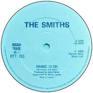 Image of Label Cover of 12" - VG+/VG+ - THE SMITHS, Panic (Rough Trade; RTT 193, UK 1986, Picture Sleeve, Turquoise Inner, No Stickers, CBS Pressing), , - 3846224S
