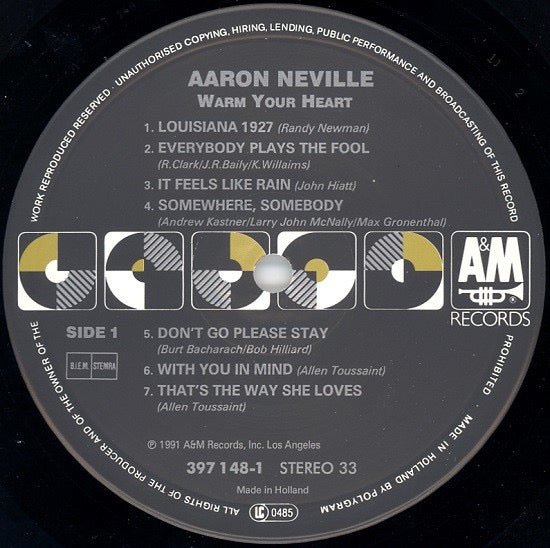 Image of Label Cover of LP - VG/VG - AARON NEVILLE, Warm Your Heart (A&M Records; 397 148-1, Europe 1991), Strong VG across the board., - 0746065S