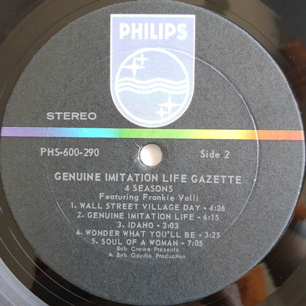 Image of Label Cover of 4925354E: LP - FOUR SEASONS, Genuine Imitation Life Gazette (Philips; PHS60020, US 1969, Double Gatefold Sleeve, With Booklet) Mottling on disc from storage. Shrinkwrap opened instore. Light staining and wear to sleeve, drill hole to corner, corner bumps. VG/VG+