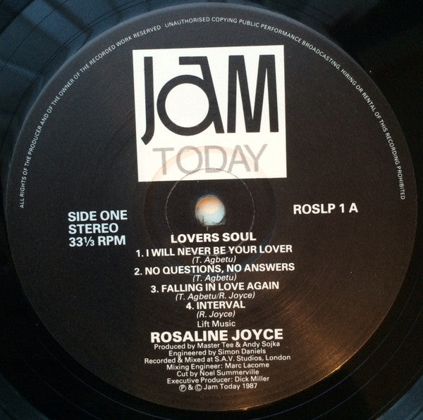 Image of Label Cover of LP - VG/VG+ - ROSALINE JOYCE, Lovers Soul (Jam Today; ROSLP 1, UK 1987), Stickers On Back Sleeve, - 2446157S
