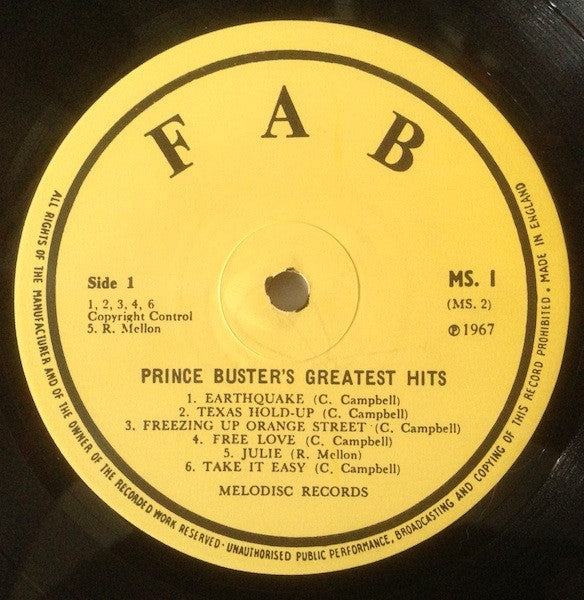 Image of Label Cover of LP - VG/VG - PRINCE BUSTER, Fabulous Greatest Hits (FAB; MS 1, UK 1970s Reissue, Non-Laminated Sleeve), Strong VG - just one light scratch on B1, top edge seam split, - 2446172S