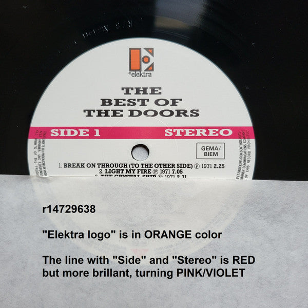 Image of Label Cover of 2xLP - VG/VG - THE DOORS, The Best Of The Doors (Elektra Orange Logo; 960 345-1, Europe 1985, Red Text Gatefold Sleeve), Hairlines. Feelable mark on A side. Indents, edge and ring wear, discolouration, tear to opening edge., - 2546110S