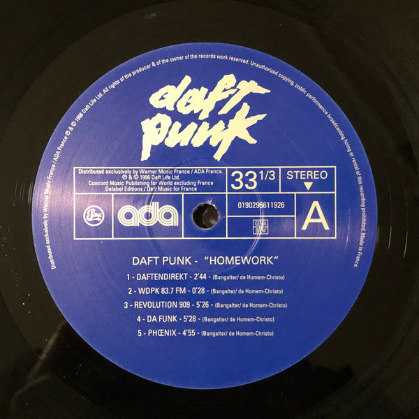 Image of Label Cover of 2xLP - NEW/NEW - DAFT PUNK, Homework (Soma Quality Recordings; 0190296611926, USA & Europe 2022 Reissue, Gatefold, 2 Inners), , Daft Punk's "Homework" is a classic 90s electronic dance music album released in 1997. It's an iconic piece of work that laid the foundations for modern EDM, showcasing Daft Punk's signature blend of house, techno and funk music. The album features hit tracks such as "Around the World" and "Da Funk". With its innovative sound design, catchy melodies, and gro