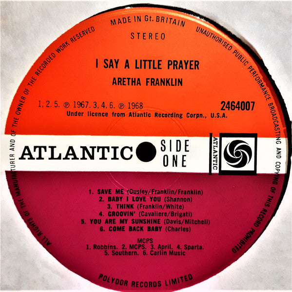 Image of Label Cover of LP - VG/G+ - ARETHA FRANKLIN, I Say A Little Prayer (Atlantic Plum & Orange; 2464 007, UK 1970, Laminated Sleeve), Laminate creasing. Plays through with surface noise. , - 4146202S