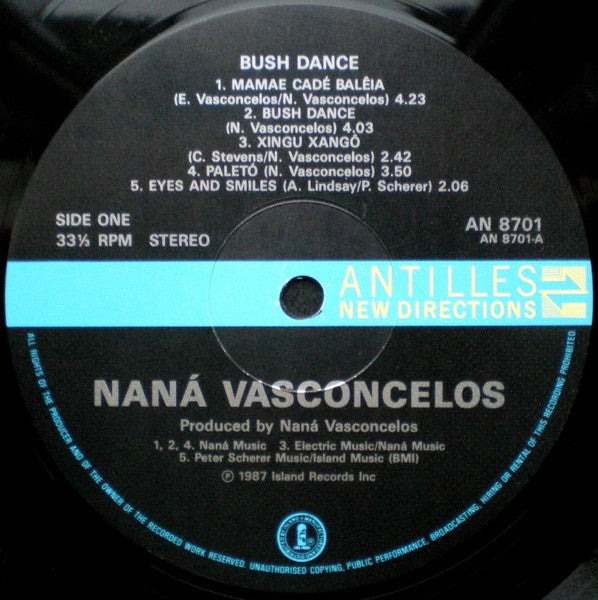 Image of Label Cover of LP - VG+/VG - NAN VASCONCELOS, Bush Dance (Antilles; AN 8701, UK 1987, Reverse Board Sleeve), Strong VG to disc., - 1516151C