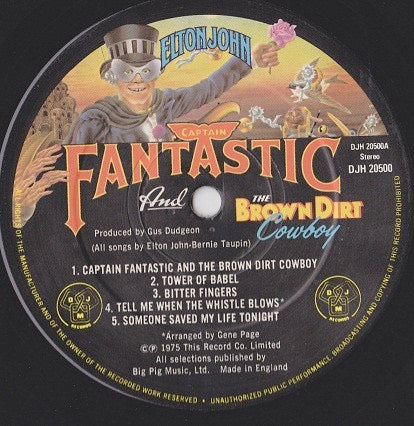 Image of Label Cover of LP - G+/VG+ - ELTON JOHN, Captain Fantastic and the Brown Dirt Cowboy (DJM Records; DJH 20500, UK 1975 Reissue, Gatefold, 2 Booklets, Poster, A10/B10), Previous owner's name on cover in blue pen., - 1426368E