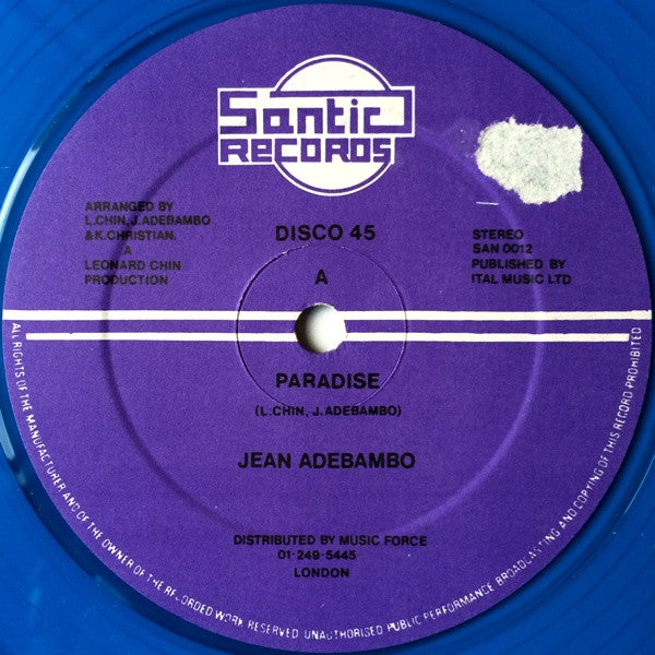 Image of Front Cover of 12" - /VG+ - JEAN ADEBAMBO / SANTIC ALL STARS, Paradise / Paradub (Santic Records; SAN 0012, UK 1981, Reggae Disco 45 Sleeve, Blue Vinyl), , - 2446005S