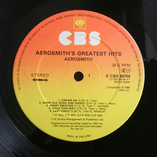 Image of Label Cover of 4925308E: LP - AEROSMITH, Aerosmith's Greatest Hits (CBS Orange/Yellow; 460703 1, UK 1980s Reissue, Inner) Strong VG VG+/VG
