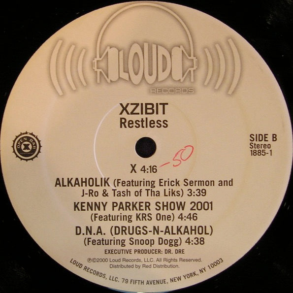 Image of Label Cover of 2xLP - VG/G+ - XZIBIT, Restless (Loud Records; 1885-1, US 2000), Lots of marks and light scuffs on discs. Sleeve is worn on sides and corners with light sticker damage in top right and some mild creasing., - 0616445C