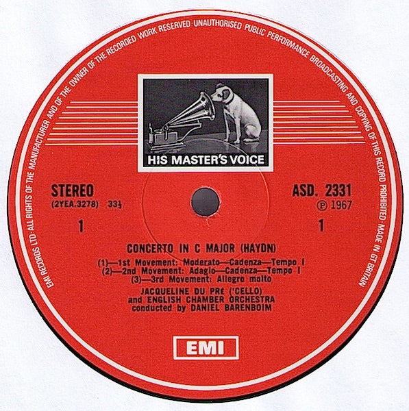 Image of Label Cover of LP - VG+/VG+ - JACQUELINE DU PRE, DANIEL BARENBOIM, THE ENGLISH CHAMBER ORCHESTRA, Haydn: Cello Concerto In C / Boccherini: Cello Concerto In B Flat (HMV Red, Black and White Nipper Box; ASD 2331, UK 1970s Reissue, Laminated Front Sleeve), , - 4326199E