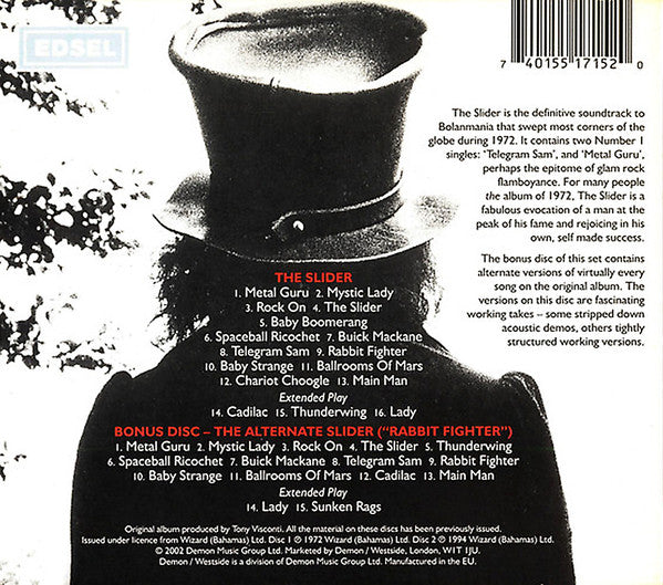 Image of Back Cover of 3135143E: 2xCD - T. REX, The Slider (Edsel Records; MEDCD 715, Europe , Triple Digipak) VG+/VG+