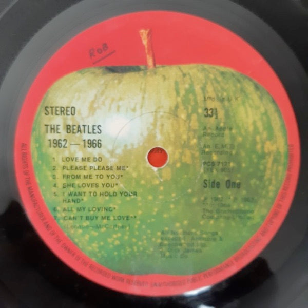 Image of Label Cover of 2xLP - VG/G+ - THE BEATLES, 1962-1966 (Apple; PCSP 717, UK 1973, Laminated Gatefold Sleeve, 2 Inners With 2 Cut Corners, No "All Titles Produced...." On Inner Gatefold), Sleeve has faded spine. Two silver "Pathe Marconi" stickers on rear sleeve., - 2316266C