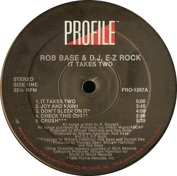 Image of Label Cover of LP - VG/EX - ROB BASE & D.J. E-Z ROCK, It Takes Two (Profile Records; PRO-1267, US 1988, Picture Sleeve), Ringwear on sleeve., - 3646156S