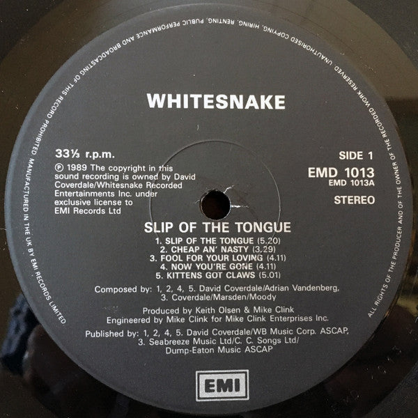 Image of Label Cover of LP - VG/G+ - WHITESNAKE, Slip Of The Tongue (EMI ; EMD 1013, UK 1989, Inner), Light Marks only., - 2516096C