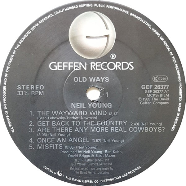 Image of Label Cover of LP - VG+/VG - NEIL YOUNG, Old Ways (Geffen; GEF 26377, UK 1985, Textured Sleeve, Inner), , - 1926286E