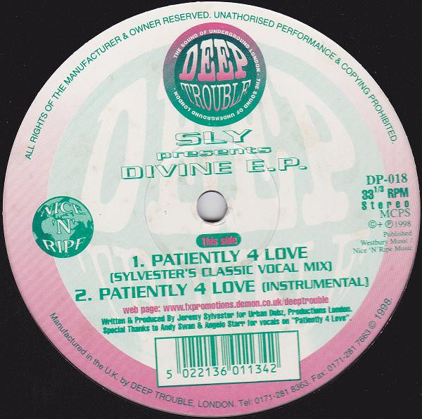Image of Front Cover of 12" EP - /G+ - SLY (JEREMY SYLVESTER), Divine E.P. (Deep Trouble; DP-018, UK 1998, Plain Sleeve), , - 4016007C