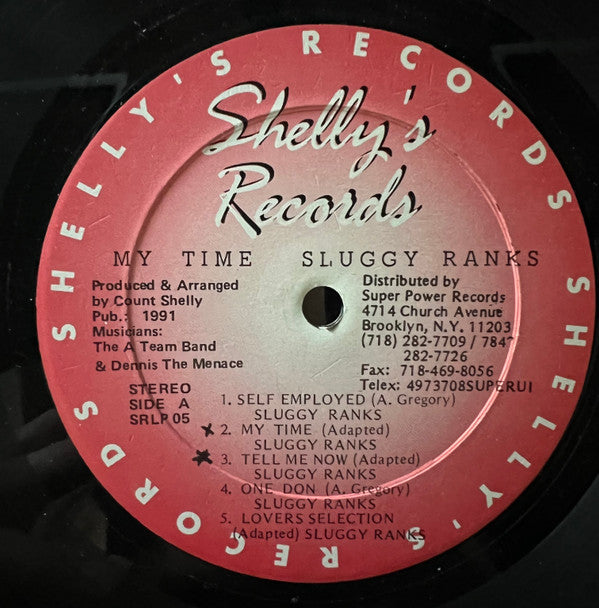 Image of Label Cover of LP - VG+/VG - SLUGGY RANKS, My Time (Shelly's Records; SRLP05, US 1991), Light mottling, couple of light lines., - 1216302C