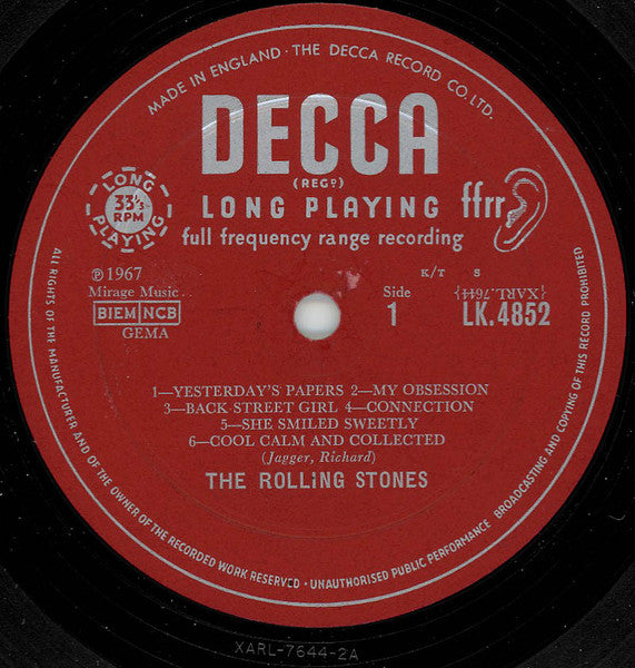 Image of Label Cover of LP - G/G - THE ROLLING STONES, Between The Buttons (Decca Red Unboxed; LK4852, UK 1967, Laminated Sleeve, Mono, Side No On Right of Spindle Hole, Mirage Music Above Rights Box on left), Small Tear at Sleeve Opening, Edge Wear, Writing on Reverse, - 1026154E