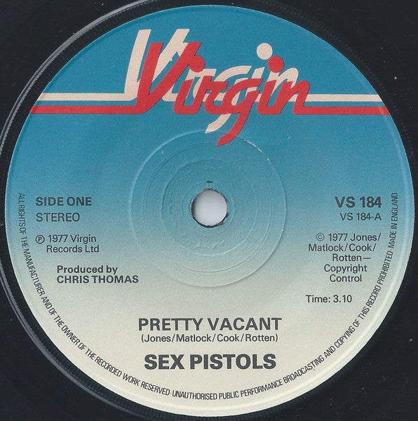 Image of Label Cover of 7" - G/VG+ - SEX PISTOLS, Pretty Vacant / No Fun (Virgin; VS 184, UK 1977, Picture Sleeve, Black Rim Text Both Sides, Anti-Slip Ring), Sleeve Torn And Water Damaged, - 2625384E