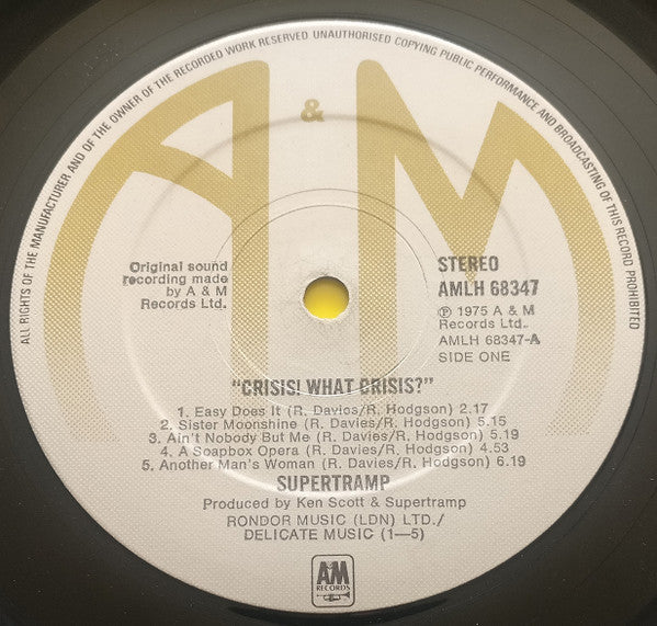 Image of Label Cover of LP - VG/VG - SUPERTRAMP, Crisis? What Crisis? (A&M Records; AMLH 68347, UK 1980, Plain Yellow Inner), Paper Stuck Outside Run in on Side A, Doesn't Affect Play, Sticker Damage, - 4246123S