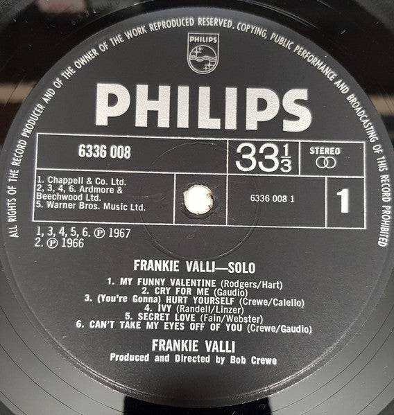 Image of Label Cover of LP - VG+/VG+ - FRANKIE VALLI, Solo (Philips; 6336 008, UK 1970 Reissue, Laminated Sleeve, Stereo), , - 0626012E