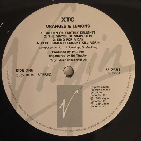 Image of Label Cover of 2xLP - VG/G+ - XTC, Oranges & Lemons (Virgin; V 2581, UK 1989, 2 Inners), Some sticker residue/damage to front cover. , - 3626417E