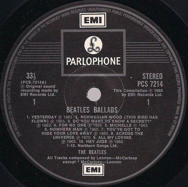 Image of Label Cover of LP - VG/VG - THE BEATLES, Ballads (EMI All Rights Rim; PCS 7214, UK 1980), , - 2926042E