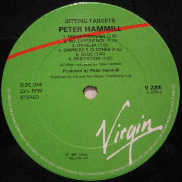 Image of Label Cover of LP - VG+/VG+ - PETER HAMMILL, Sitting Targets (Virgin; V 2205, UK 1981, Stickered Sleeve, Insert, Van Der Graaf Generator), Light wear on sleeve & labels. A2/B1, - 2616188C