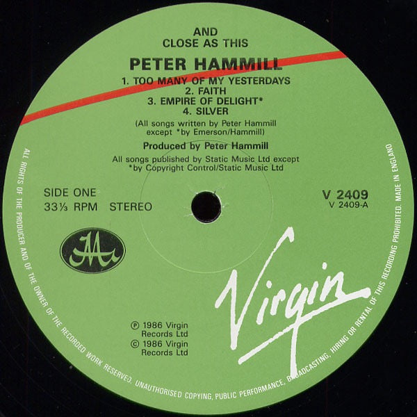 Image of Label Cover of LP - VG/VG - PETER HAMMILL, And Close As This (Virgin; V2409, UK 1986, Insert, Van Der Graaf Generator), , - 2616328C