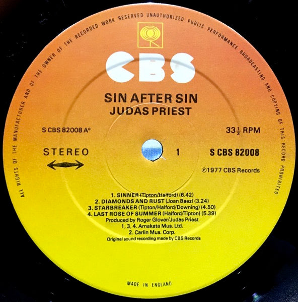 Image of Label Cover of LP - VG/VG+ - JUDAS PRIEST, Sin After Sin (CBS Sunburst; 82008, UK 1977), Edgewear and ringwear., - 4326037E