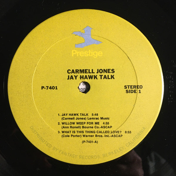 Image of Label Cover of LP - VG/VG+ - CARMELL JONES, Jay Hawk Talk (Prestige; PR 7401, US Reissue, Pasteback Sleeve), Light marks, Plays well. Light sticker residue on sleeve., - 4226241E