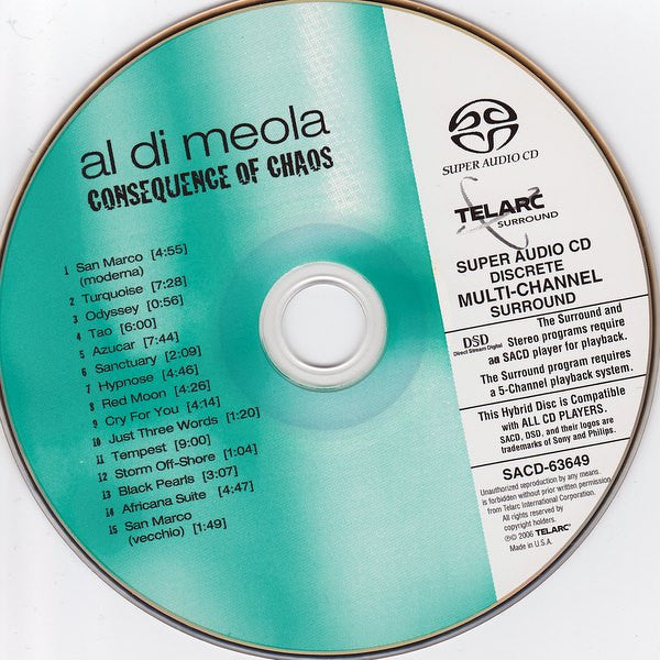 Image of Label Cover of SACD - EX/M - AL DI MEOLA, Consequence Of Chaos (Telarc; SACD-63649, US 2006, Hybrid, Multichannel), Still SEALED in stickered shrinkwrap. Small bit of dirt along the top under shrinkwrap., - 1916352C