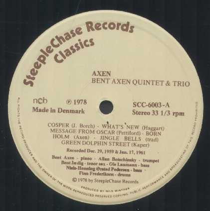 Image of Label Cover of LP - VG/VG - BENT AXEN TRIO & QUINTET, Axen (SteepleChase; SCC-6003, Denmark 1978, Picture Sleeve, Company Inner), , - 1826196E