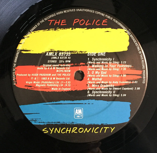 Image of Label Cover of 4925383E: LP - THE POLICE, Synchronicity (A&M Records; AMLX 63735, UK 1983, Front Colours - YBR, Back BRY, Inner, "TAPE One"/Masterdisk Matrix) VG+/VG+