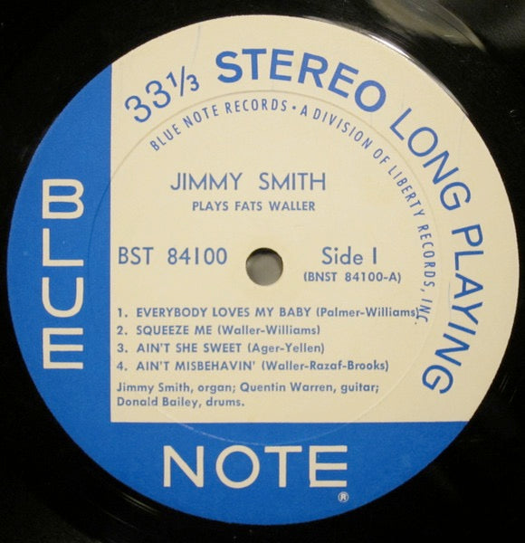 Image of Label Cover of LP - VG/VG - JIMMY SMITH, Plays Fats Waller (Blue Note (Division of Liberty); BST 84100, US 1969 Reissue, Pasteback Sleeve, Company Inner, Stereo; 'VAN GELDER' in runout), , - 3126222E