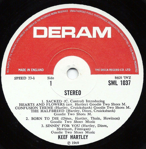 Image of Label Cover of LP - VG/VG - KEEF HARTLEY BAND, Halfbreed (Deram Small Red/White; SML1037, UK 1969, Gatefold With Indicator Hole), Strong VG, Laminate Lifting Down Spine, - 1726534E