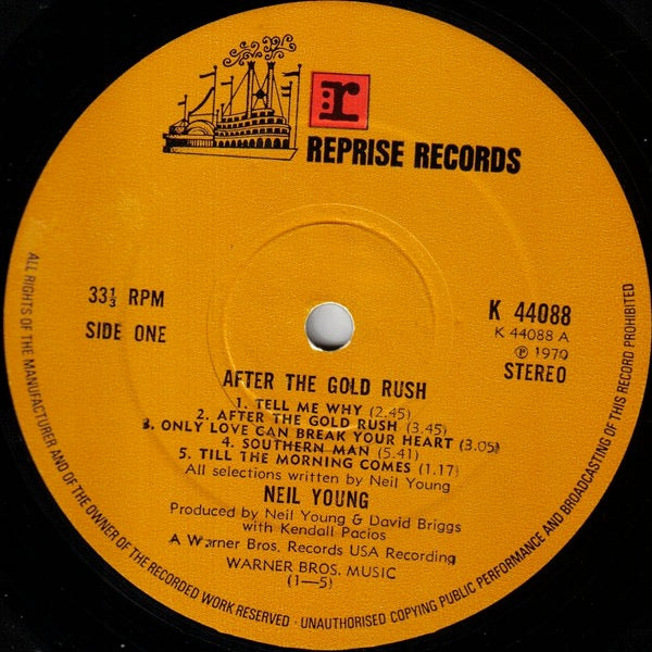 Image of Label Cover of LP - VG/G+ - NEIL YOUNG, After the Gold Rush (Reprise Tan - No w Logo, NO V Below Stereo; K44088, UK 1970s Reissue, Gatefold "Crippled Creek Ferry", No Insert, K-44088-A2 / B2), Light scratches, hairlines, edge wear, - 3646087S