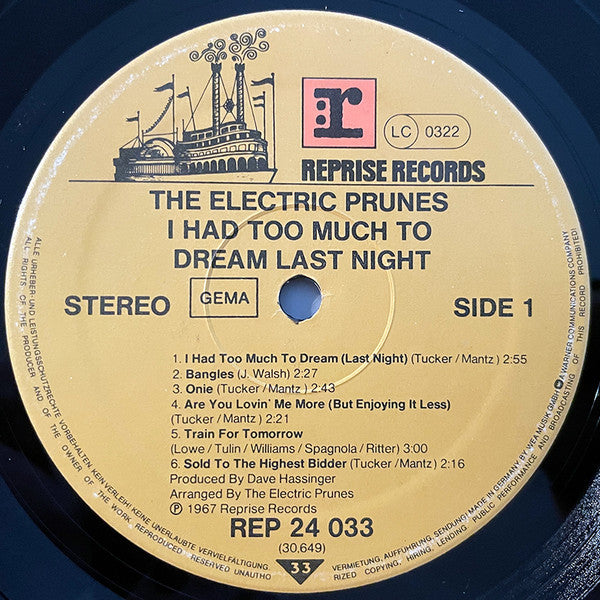 Image of Label Cover of LP - VG/VG+ - THE ELECTRIC PRUNES, I Had Too Much To Dream Last Night (Reprise Records; REP 24 033, Germany 1986 Reissue, Embossed 'W' on back cover. GEMA), One hairline on A side. B side matrix variation. Edge and ring wear, creasing., - 2246241S