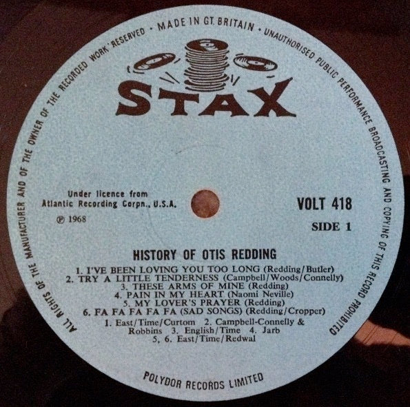 Image of Label Cover of LP - VG/G+ - OTIS REDDING, History Of Otis Redding (Stax; VOLT 418, UK 1968, Gatefold, Mono), Light marks/scuffs to disc. Small patch of mould to sleeve., - 2316238C