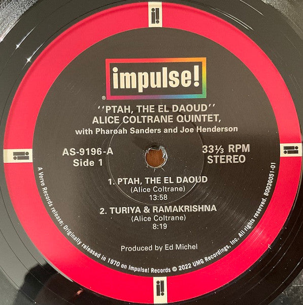 Image of Label Cover of LP - VG+/VG+ - ALICE COLTRANE FEATURING PHAROAH SANDERS AND JOE HENDERSON, Ptah, The El Daoud (Verve Records; B0036051-01, Worldwide 2022 Reissue, Gatefold, Remastered, 180g audiophile quality vinyl), Barcode sticker on rear cover., - 3246250S