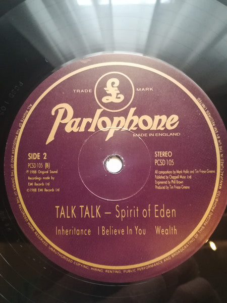 Image of Label Cover of LP - VG/VG - TALK TALK, Spirit Of Eden (Parlophone; PCSD105, UK 1988, Inner, PCSD 105 A-1-1-1. PCS 7319 EMC 3548 (Lots Crossed Out In Matrix)), , - 4046190S