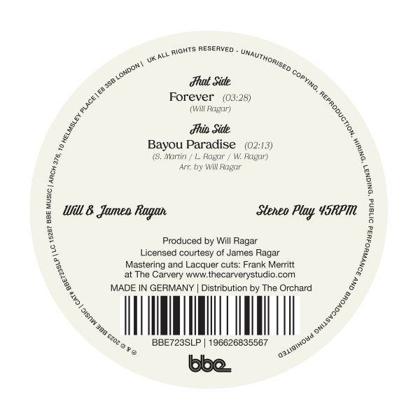 Image of Back Cover of 2955027S: 7" - WILL & JAMES RAGAR, Forever / Bayou Paradise (BBE; BBE723SLP, UK 2023) /EX