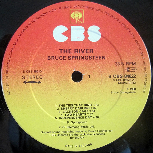 Image of Label Cover of 2xLP - VG/G+ - BRUCE SPRINGSTEEN, The River (CBS Orange/Yellow; CBS 88510, UK 1980, 2 Square Corner Inners & Insert, Made in England at bottom of label), Hairlines & scuffs, edge wear, laminate missing from sticker peel, - 3546013S