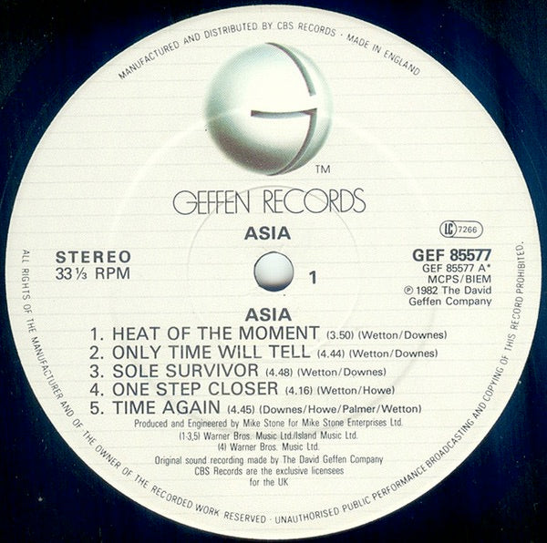 Image of Label Cover of LP - VG/VG+ - ASIA, Asia (Geffen Records; GEF 85577, UK 1982, Insert), No hype sticker on sleeve, Light edge wear, Clean disc, - 3816264C