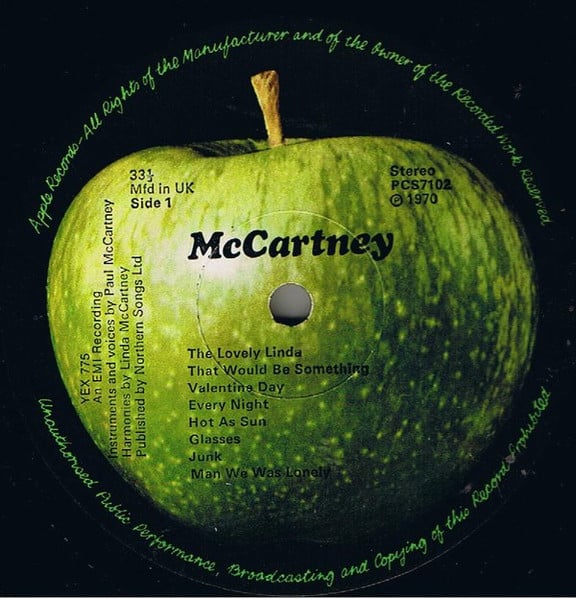 Image of Label Cover of 4615648C: LP - PAUL MCCARTNEY, McCartney (Apple; PCS7102, UK 1970, Laminated Gatefold Sleeve, EMI Records (The Gramophone Co. Ltd.) Hayes, Middlesex, England Written At Bottom of Back Sleeve) Little bit of laminate lifiting, A few light marks, Glossy disc VG/VG