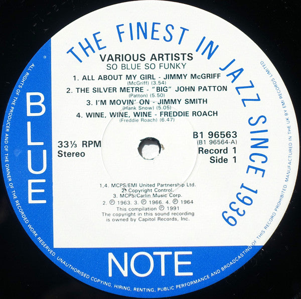 Image of Label Cover of 2xLP - VG/VG+ - VARIOUS, So Blue, So Funky (Heroes Of The Hammond) (Blue Note; B1-96563, UK 1991), Edge Wear, - 2546103S