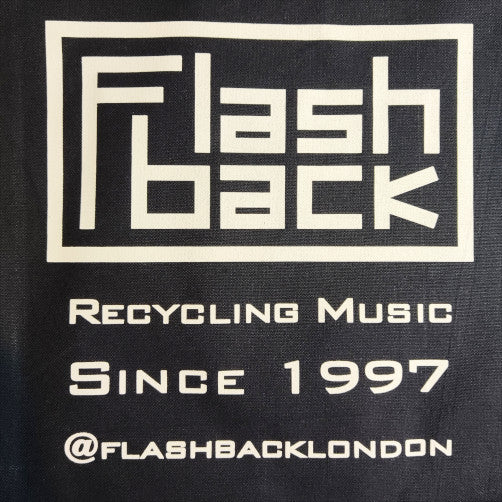 Image of Label Cover of Accessories - NEW/NEW - FLASHBACK HEAVY COTTON RECORD BAG, White Logo On Navy Blue Tote Bag (, UK , Recycled Cotton, Gusseted, Fits Approx 30 Records), , - 0900000E