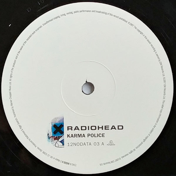 Image of Label Cover of 12" - VG+/VG+ - RADIOHEAD, Karma Police (Parlophone; 12NODATA03, UK 1997, Hype Stickered Sleeve), Nice copy, small promo sticker on rear., - 2616410C